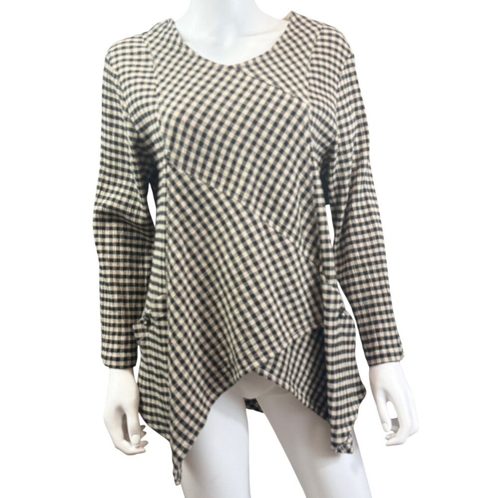 Mill Valley Tunic Top Womens S Plaid Black Cream Asymmetrical Hem USA Cotton